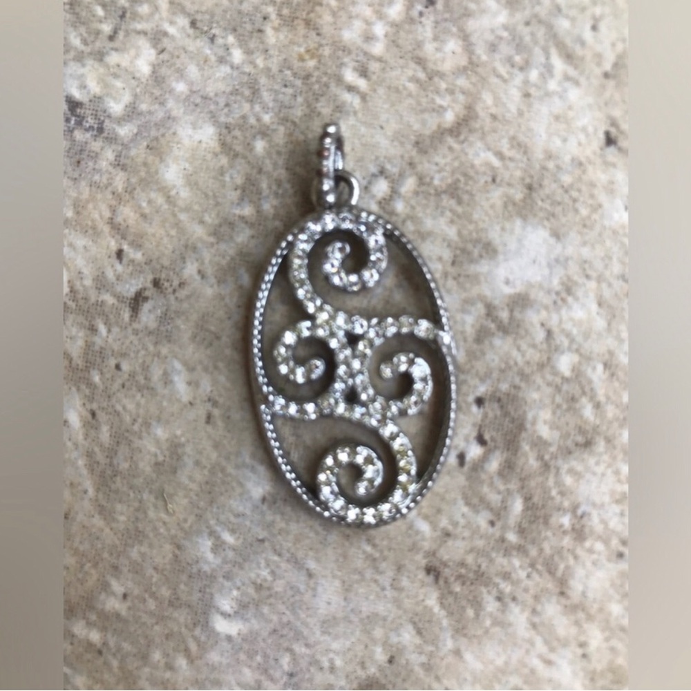 Vintage Silver Crystal Scroll Oval Pendant Necklace Charm